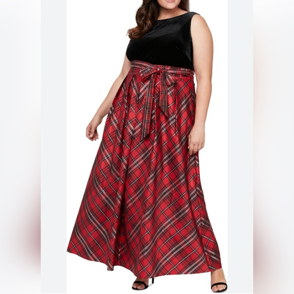 SLNY Velvet Tarten Plaid Dress 16W Black Red 113 Holiday Formal Feminine